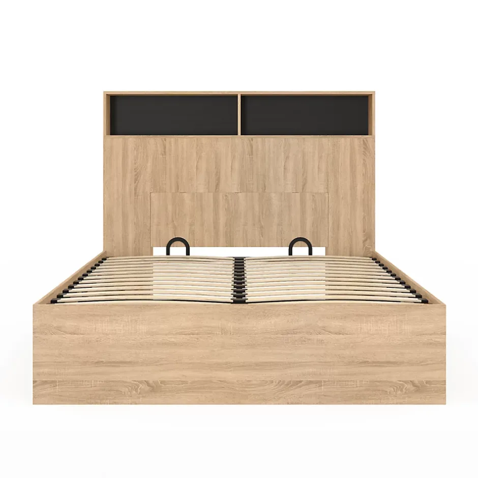 IDMarket Lit coffre double CLYDE avec tête de lit + rangements et sommier 140 x 190 cm façon hêtre et noir Best