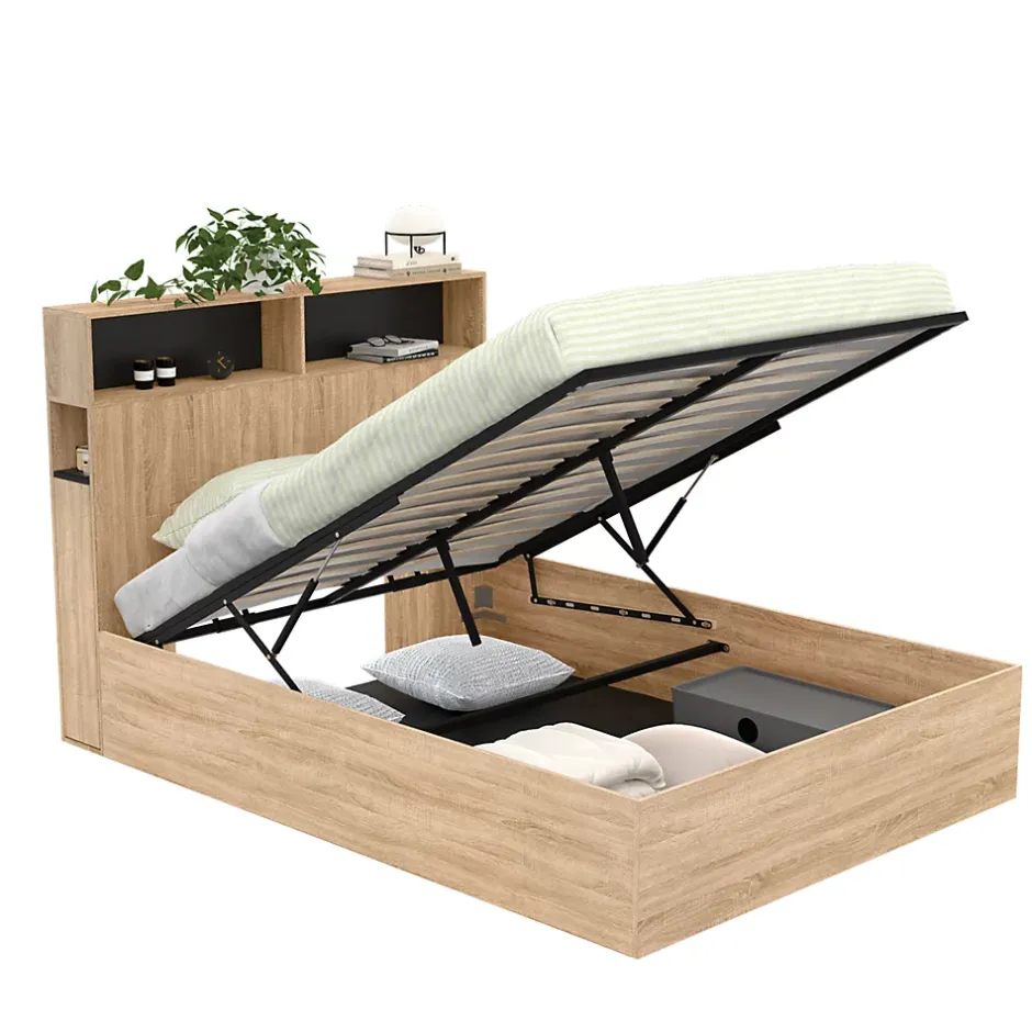 IDMarket Lit coffre double CLYDE avec tête de lit + rangements et sommier 140 x 190 cm façon hêtre et noir Best