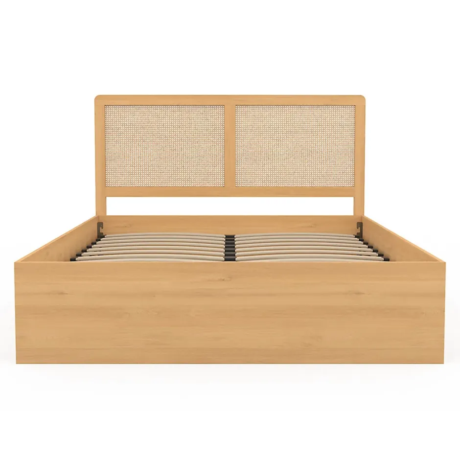 IDMarket Lit coffre double EDHEN avec tête de lit cannage et sommier 140 x 190 cm coloris bois Discount
