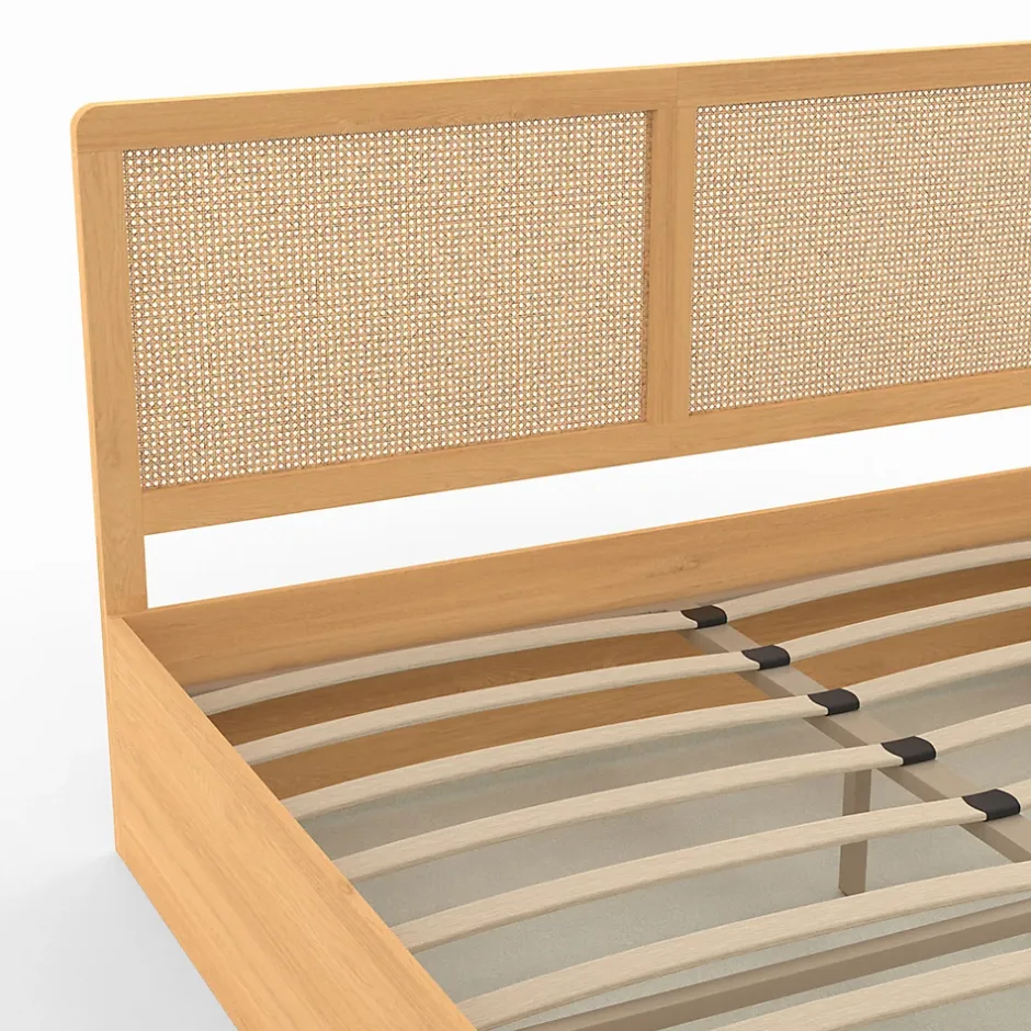 IDMarket Lit coffre double EDHEN avec tête de lit cannage et sommier 140 x 190 cm coloris bois Discount