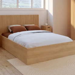 IDMarket Lit coffre double JULIETTE avec tête de lit et sommier 140 x 190 cm effet lattes et bois