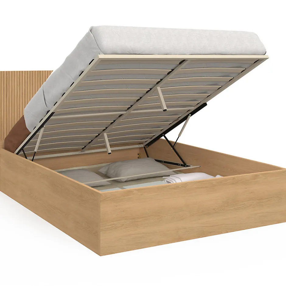 IDMarket Lit coffre double JULIETTE avec tête de lit et sommier 140 x 190 cm effet lattes et bois