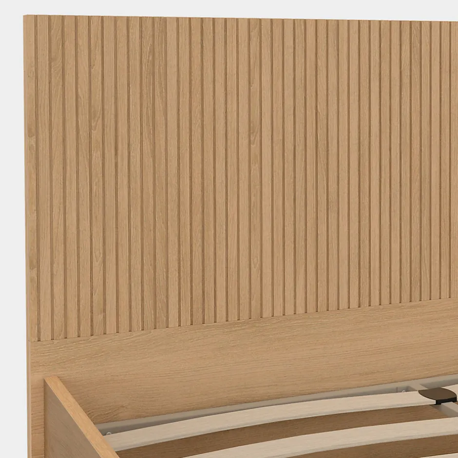 IDMarket Lit coffre double JULIETTE avec tête de lit et sommier 140 x 190 cm effet lattes et bois