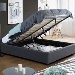 IDMarket Lit coffre double MIAMI avec sommier 140 x 190 cm PVC gris