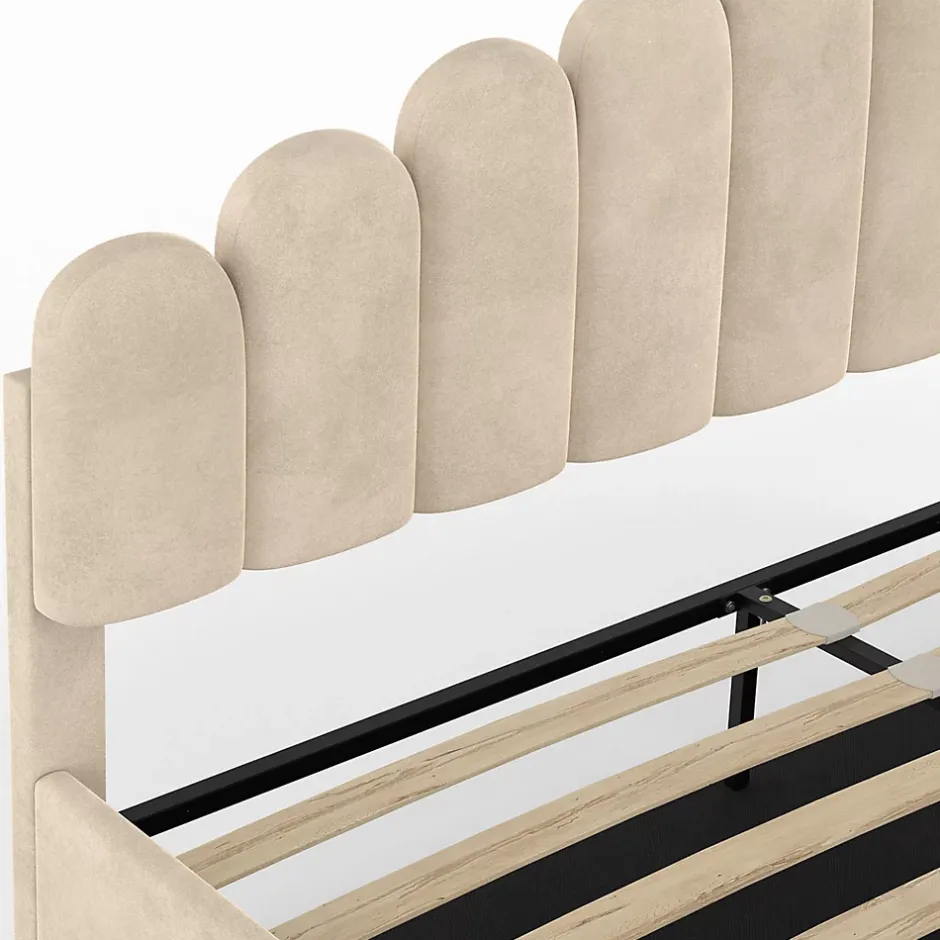 IDMarket Lit coffre double NOELIE avec tête de lit et sommier 160 x 200 cm velours beige Discount