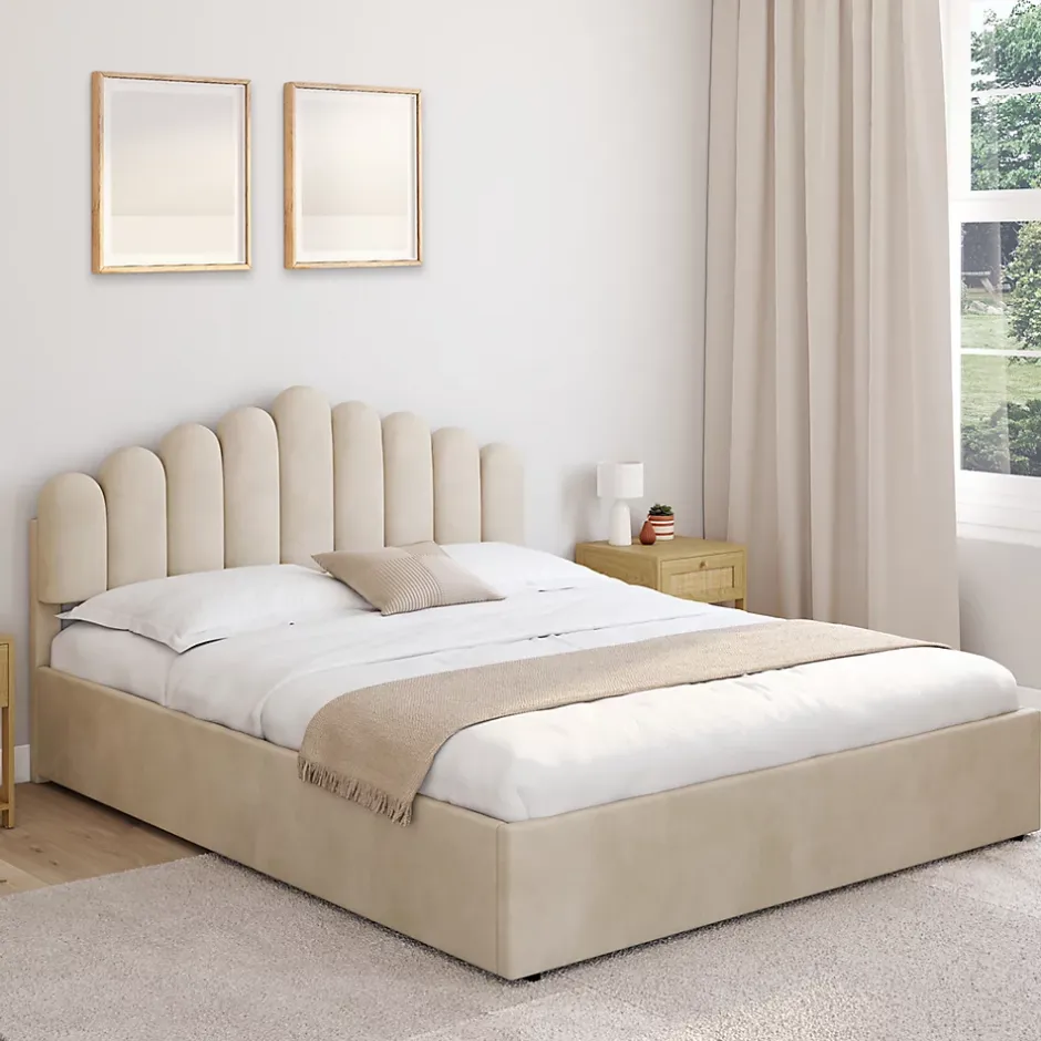 IDMarket Lit coffre double NOELIE avec tête de lit et sommier 160 x 200 cm velours beige Discount