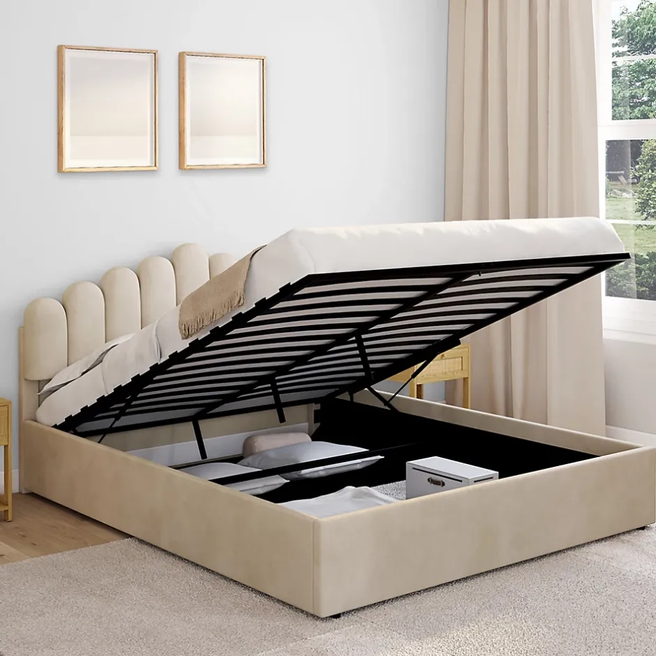 IDMarket Lit coffre double NOELIE avec tête de lit et sommier 160 x 200 cm velours beige Discount