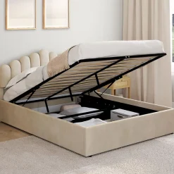 IDMarket Lit coffre double NOELIE avec tête de lit et sommier 140 x 190 cm velours beige