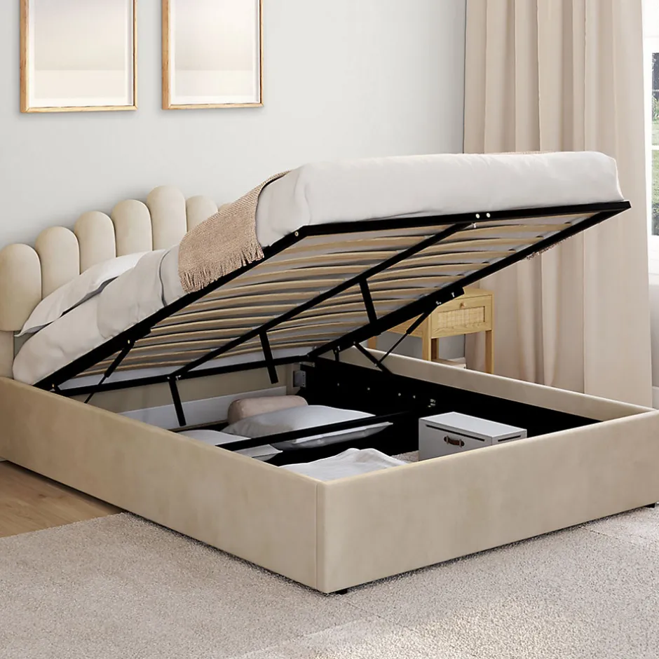 IDMarket Lit coffre double NOELIE avec tête de lit et sommier 140 x 190 cm velours beige