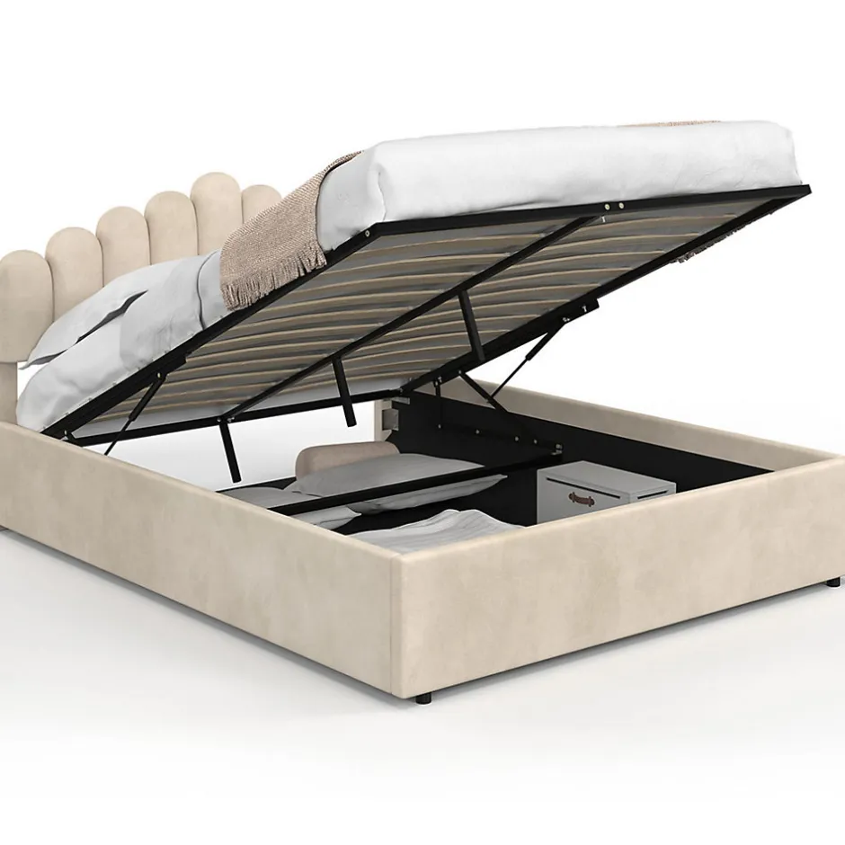 IDMarket Lit coffre double NOELIE avec tête de lit et sommier 140 x 190 cm velours beige