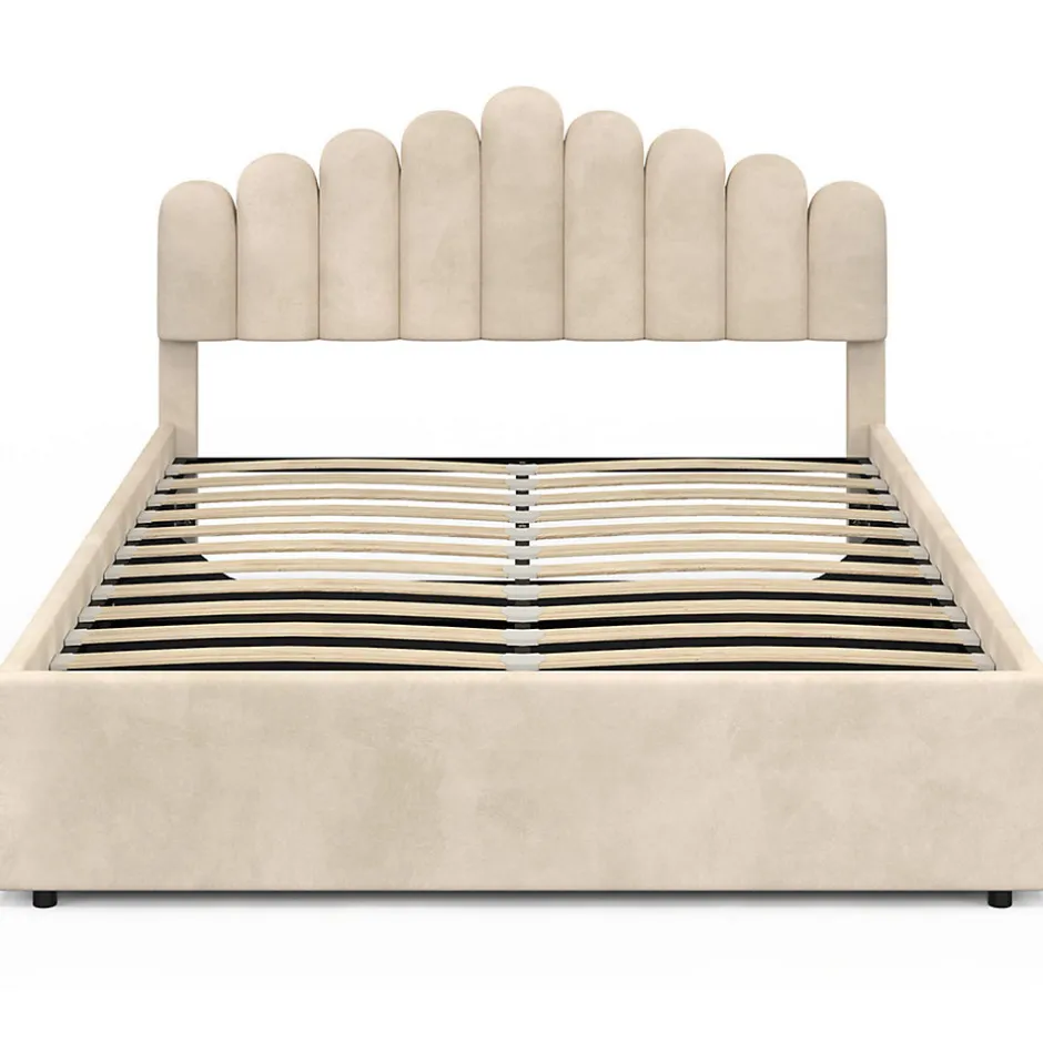 IDMarket Lit coffre double NOELIE avec tête de lit et sommier 140 x 190 cm velours beige