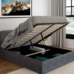 IDMarket Lit coffre double NORFOLK avec tête de lit et sommier 140 x 190 cm tissu gris anthracite