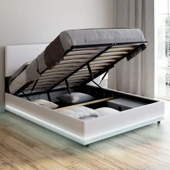 IDMarket Lit coffre double OWEN avec LED intégrées + tête de lit et sommier 140 x 190 cm PVC blanc Online