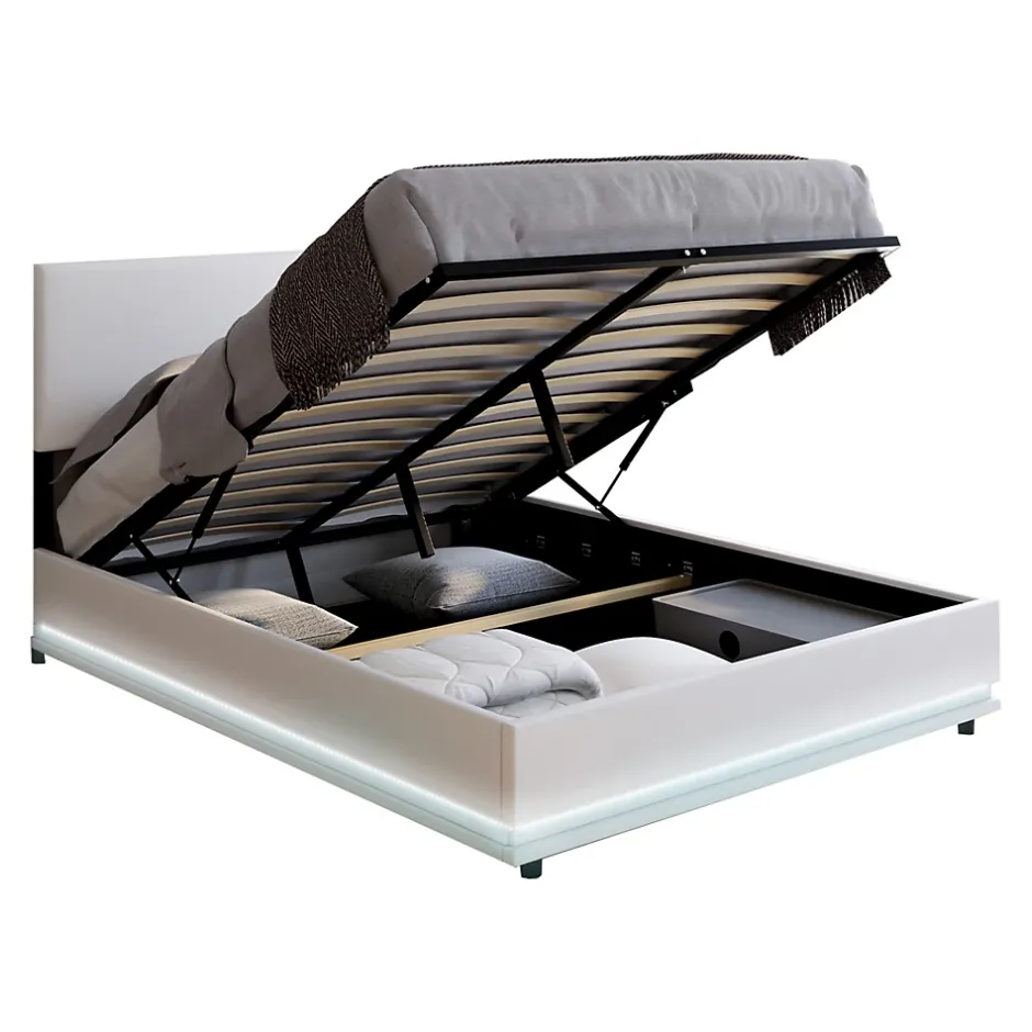 IDMarket Lit coffre double OWEN avec LED intégrées + tête de lit et sommier 140 x 190 cm PVC blanc Online