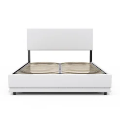IDMarket Lit coffre double OWEN avec LED intégrées + tête de lit et sommier 140 x 190 cm PVC blanc Online