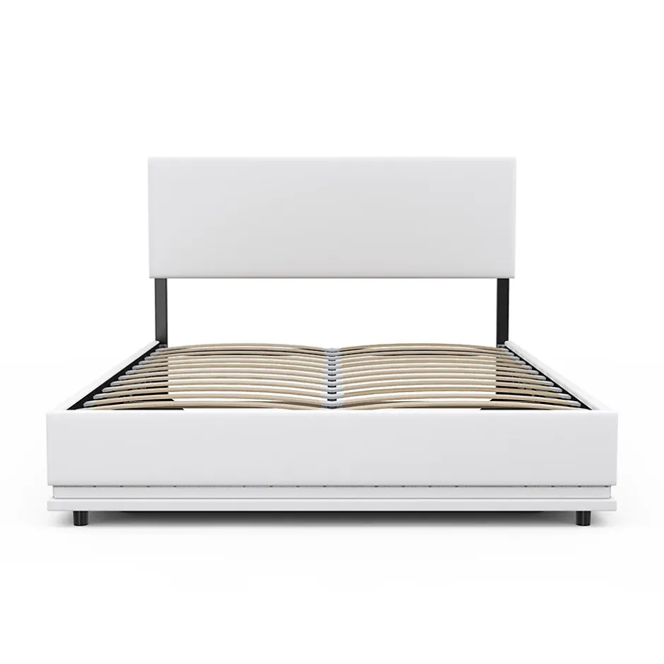 IDMarket Lit coffre double OWEN avec LED intégrées + tête de lit et sommier 140 x 190 cm PVC blanc Online