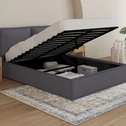 IDMarket Lit coffre double PILOU avec tête de lit oreiller et sommier 140 x 190 cm tissu gris anthracite Online