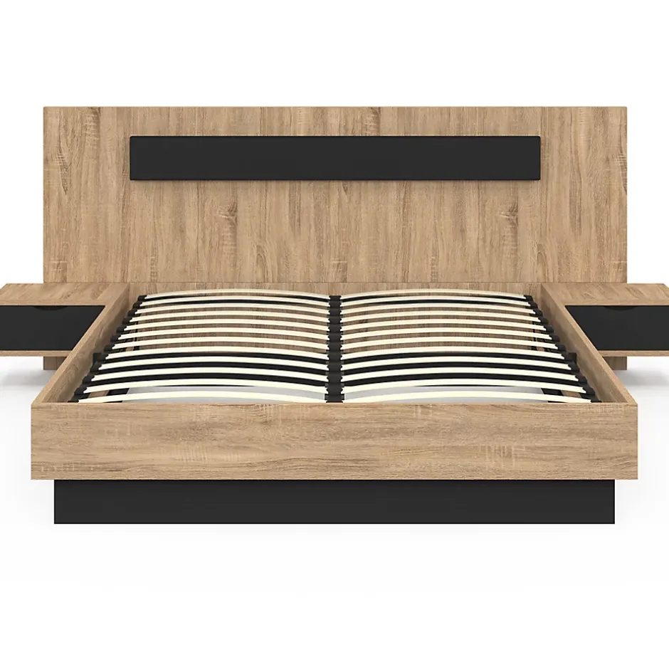IDMarket Lit coffre double SANTA avec tête de lit + tables de chevets intégrées et sommier 140 x 190 cm bois et noir Discount
