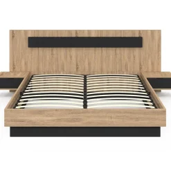 IDMarket Lit coffre double SANTA avec tête de lit + tables de chevet intégrées et sommier 160 x 200 cm bois et noir Outlet