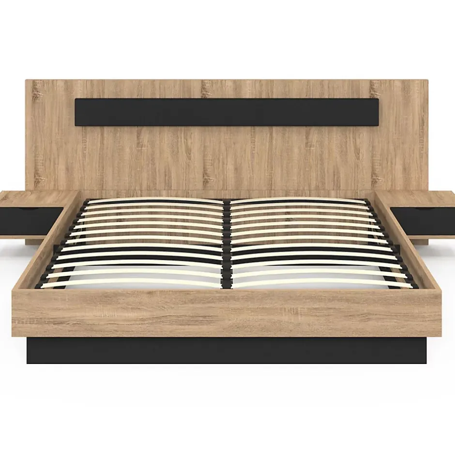 IDMarket Lit coffre double SANTA avec tête de lit + tables de chevet intégrées et sommier 160 x 200 cm bois et noir Outlet