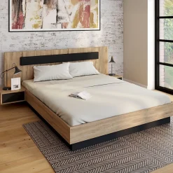 IDMarket Lit coffre double SANTA avec tête de lit + tables de chevet intégrées et sommier 160 x 200 cm bois et noir Outlet