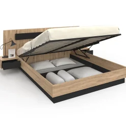 IDMarket Lit coffre double SANTA avec tête de lit + tables de chevet intégrées et sommier 160 x 200 cm bois et noir Outlet