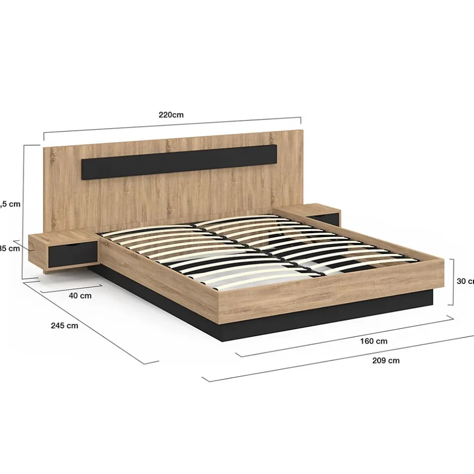 IDMarket Lit coffre double SANTA avec tête de lit + tables de chevet intégrées et sommier 160 x 200 cm bois et noir Outlet