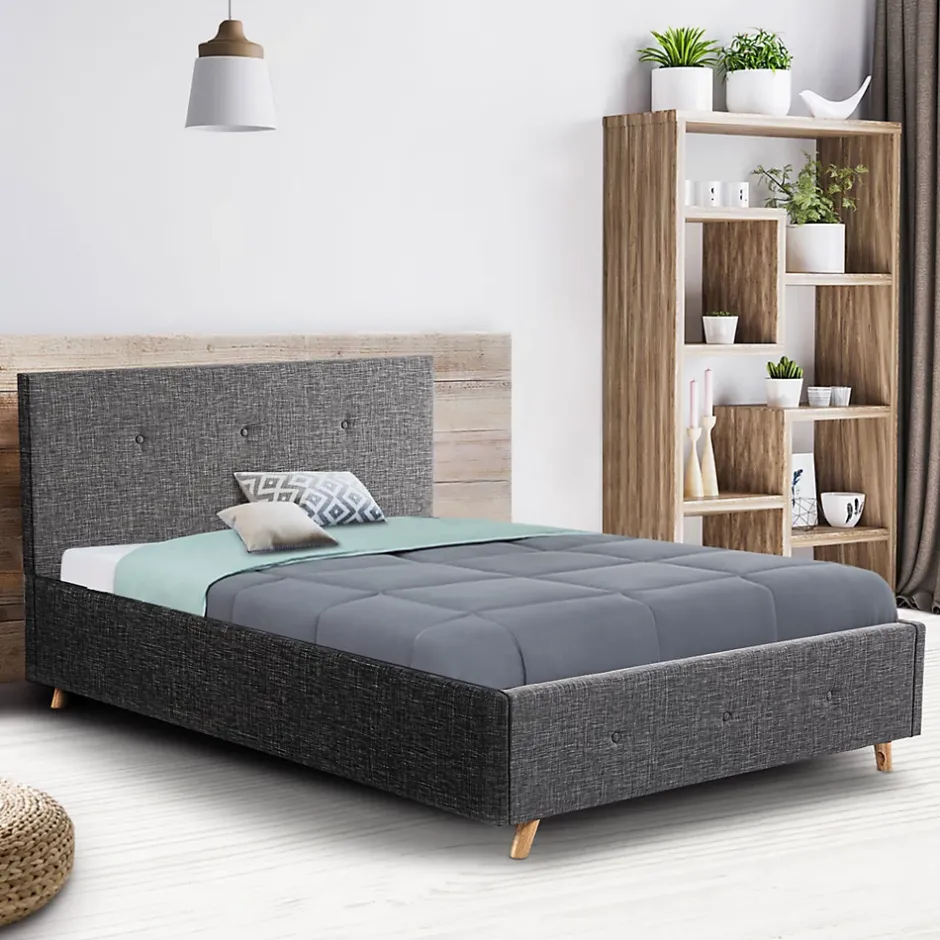 IDMarket Lit coffre double scandinave LULEA avec tête de lit et sommier 140 x 190 cm tissu gris anthracite Discount