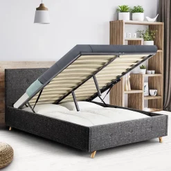 IDMarket Lit coffre double scandinave LULEA avec tête de lit et sommier 140 x 190 cm tissu gris anthracite Discount
