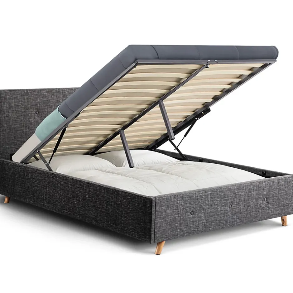 IDMarket Lit coffre double scandinave LULEA avec tête de lit et sommier 140 x 190 cm tissu gris anthracite Discount