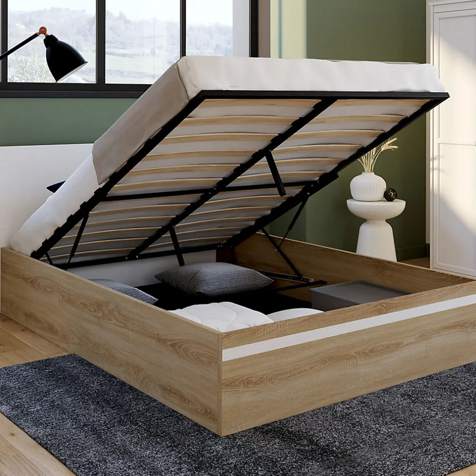 IDMarket Lit coffre double SEASIDE avec tête de lit et sommier 140 x 190 cm façon hêtre et blanc