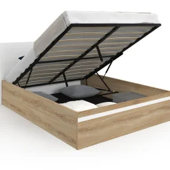 IDMarket Lit coffre double SEASIDE avec tête de lit et sommier 140 x 190 cm façon hêtre et blanc