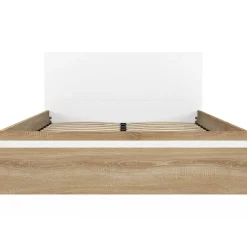IDMarket Lit coffre double SEASIDE avec tête de lit et sommier 140 x 190 cm façon hêtre et blanc
