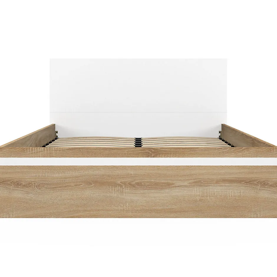IDMarket Lit coffre double SEASIDE avec tête de lit et sommier 140 x 190 cm façon hêtre et blanc