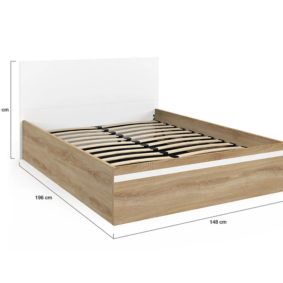 IDMarket Lit coffre double SEASIDE avec tête de lit et sommier 140 x 190 cm façon hêtre et blanc