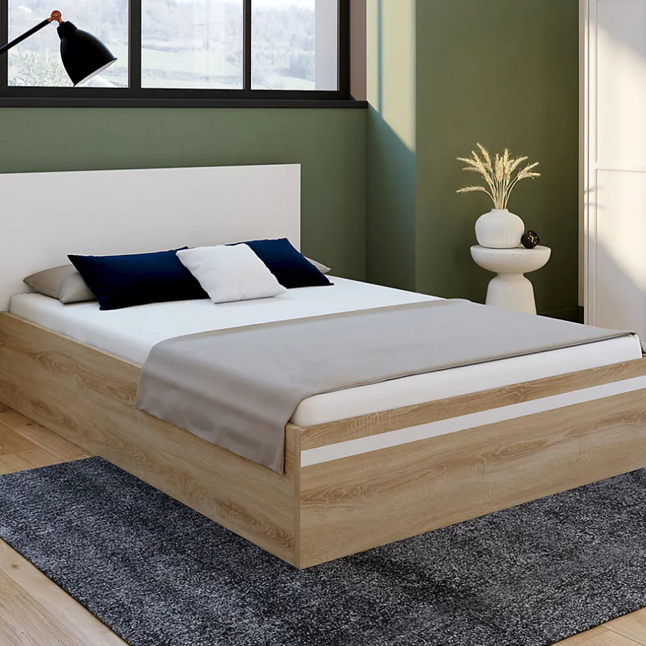IDMarket Lit coffre double SEASIDE avec tête de lit et sommier 140 x 190 cm façon hêtre et blanc