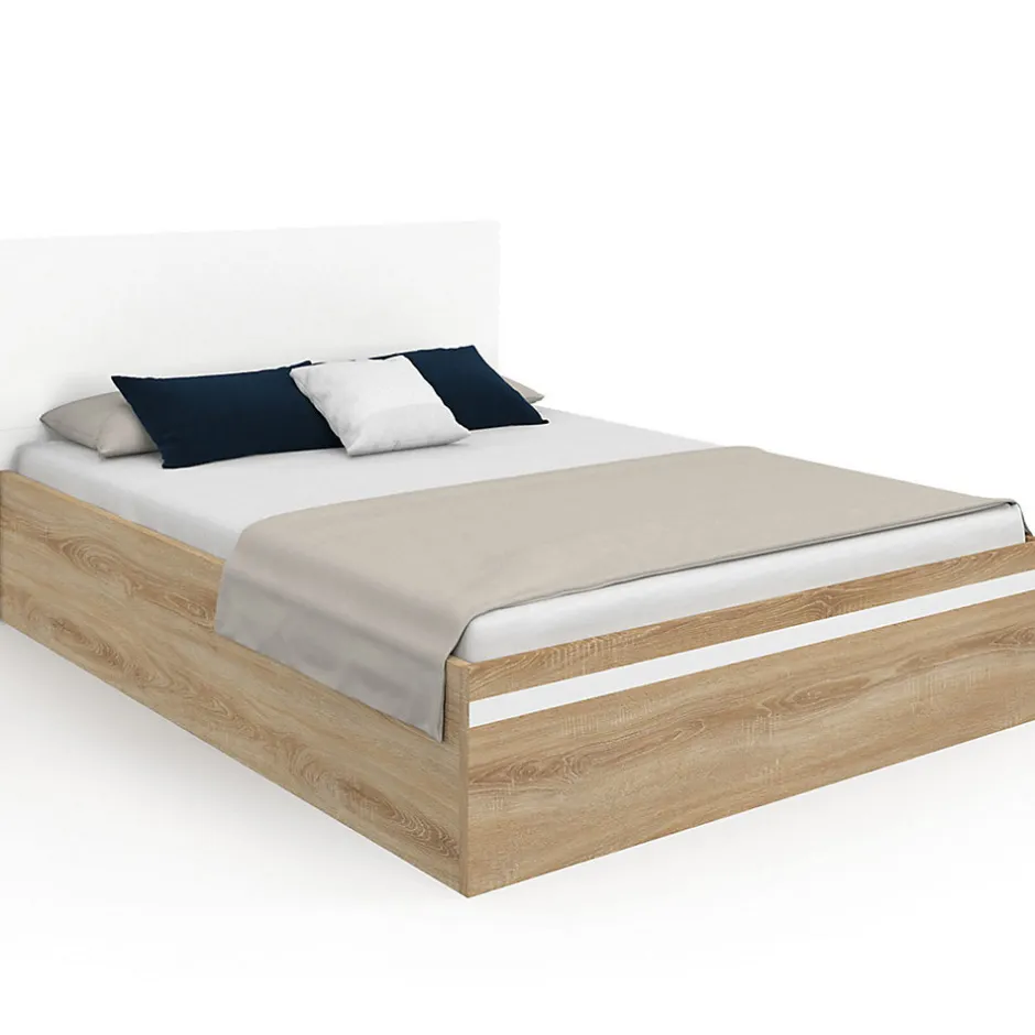 IDMarket Lit coffre double SEASIDE avec tête de lit et sommier 140 x 190 cm façon hêtre et blanc