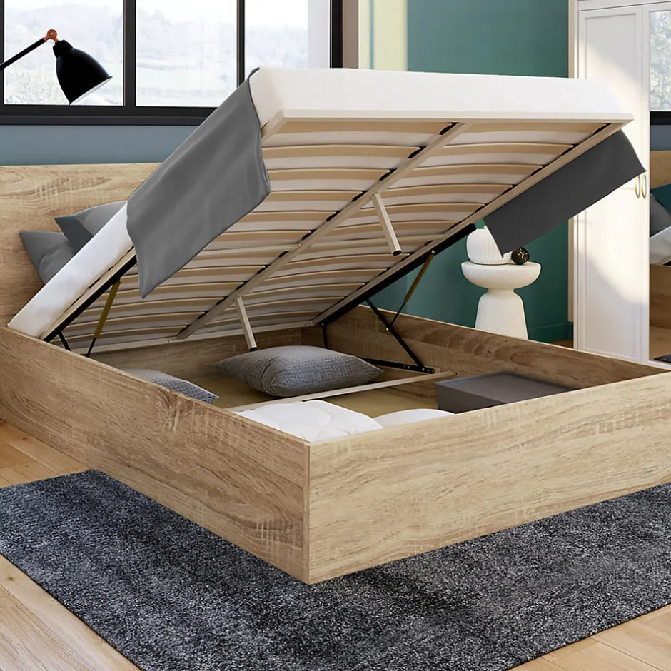 IDMarket Lit coffre double SEASIDE avec tête de lit et sommier 160 x 200 cm façon hêtre
