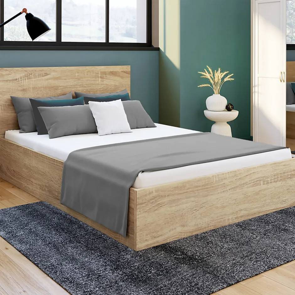 IDMarket Lit coffre double SEASIDE avec tête de lit et sommier 160 x 200 cm façon hêtre