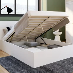 IDMarket Lit coffre double SEASIDE avec tête de lit et sommier 140 x 190 cm blanc Outlet