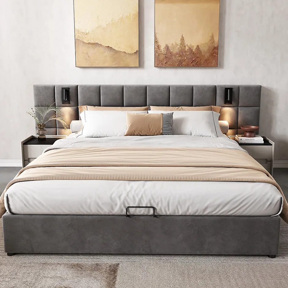 Urban Meuble Lit coffre double velours gris, tête de lit damier avec prise USB Clearance