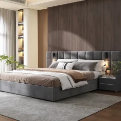 Urban Meuble Lit coffre double velours gris, tête de lit damier avec prise USB Clearance