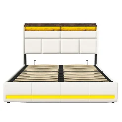 Generique Lit coffre double 160x200 avec sommier et USB, LED, Cadre de lit avec Rangement et Tete de Lit, Blanc