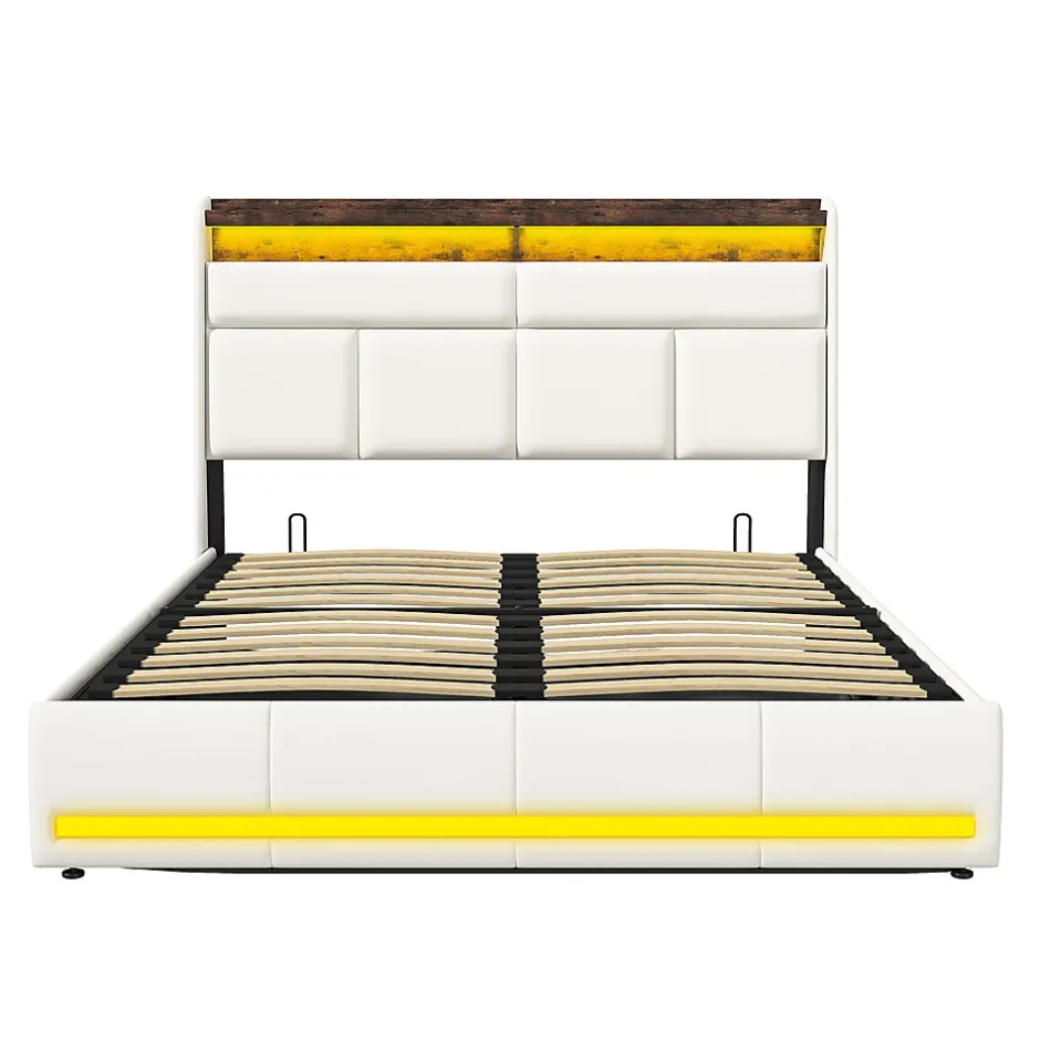 Generique Lit coffre double 160x200 avec sommier et USB, LED, Cadre de lit avec Rangement et Tete de Lit, Blanc