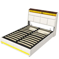 Generique Lit coffre double 160x200 avec sommier et USB, LED, Cadre de lit avec Rangement et Tete de Lit, Blanc