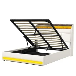 Generique Lit coffre double 160x200 avec sommier et USB, LED, Cadre de lit avec Rangement et Tete de Lit, Blanc