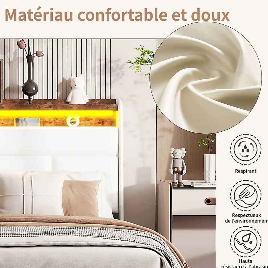 Generique Lit coffre double 160x200 avec sommier et USB, LED, Cadre de lit avec Rangement et Tete de Lit, Blanc
