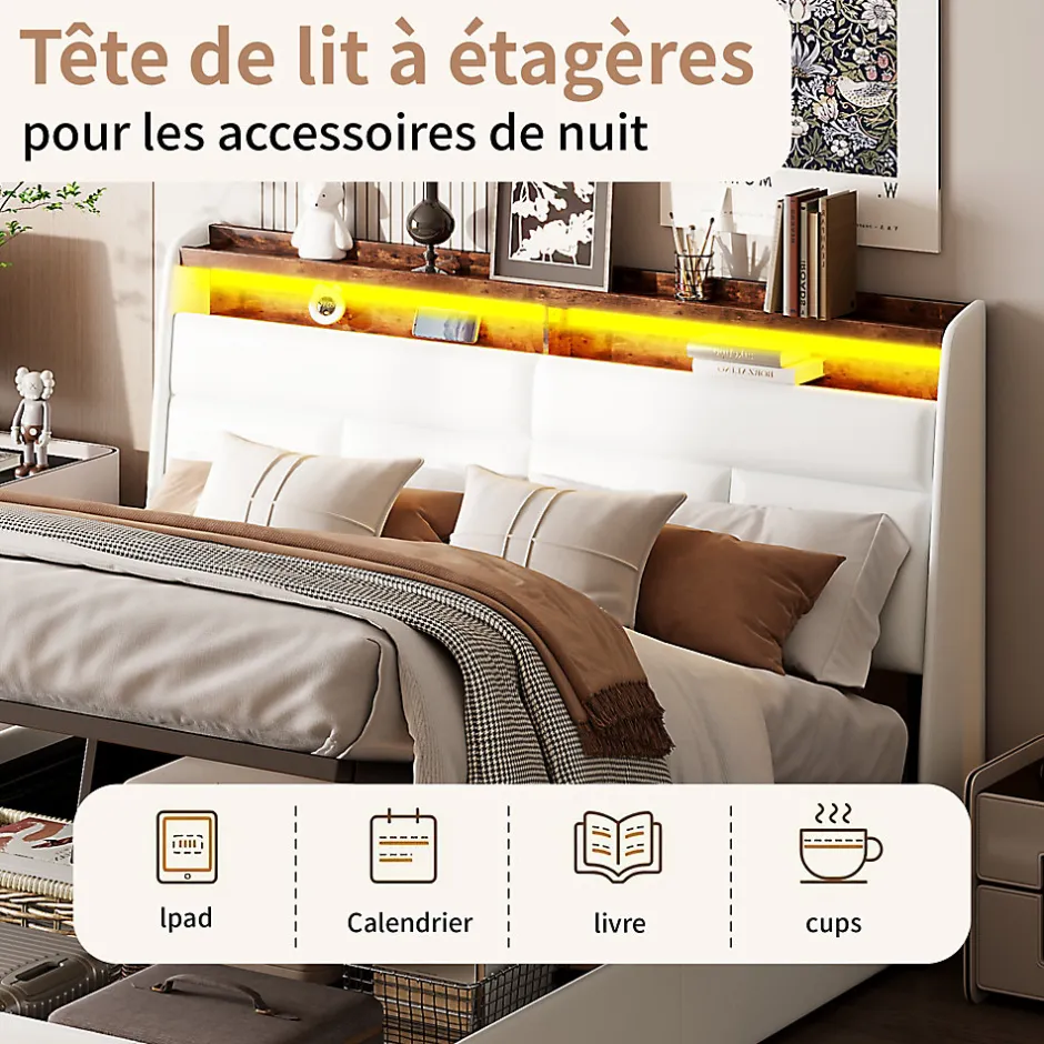 Generique Lit coffre double 160x200 avec sommier et USB, LED, Cadre de lit avec Rangement et Tete de Lit, Blanc