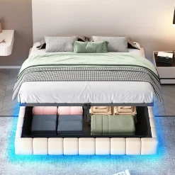 Okwish Lit Coffre Double 160x200 cm - avec Sommier à Ressorts et Rangement Intégré, LED Incluse, Sans Matelas, Tissu Lin Beige Online