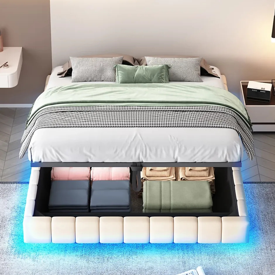 Okwish Lit Coffre Double 160x200 cm - avec Sommier à Ressorts et Rangement Intégré, LED Incluse, Sans Matelas, Tissu Lin Beige Online